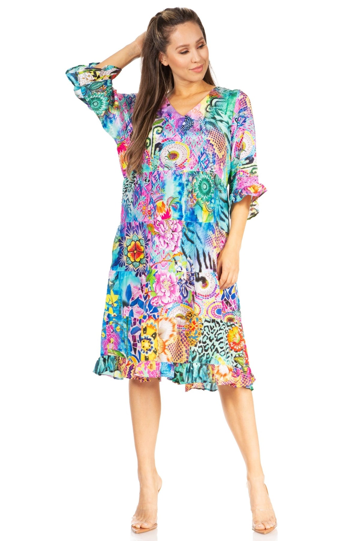 Sakkas Ozana Women's Floral Midi Cocktail Dress, V-Neck, 3/4 Sleeve dresses La Vie Bien Sakkas Ozana Women's Floral Midi Cocktail Dress, V-Neck, 3/4 Sleeve