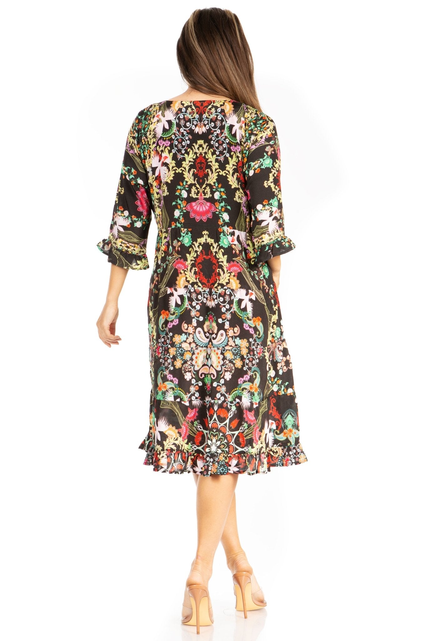 Sakkas Ozana Women's Floral Midi Cocktail Dress, V-Neck, 3/4 Sleeve dresses La Vie Bien Sakkas Ozana Women's Floral Midi Cocktail Dress, V-Neck, 3/4 Sleeve