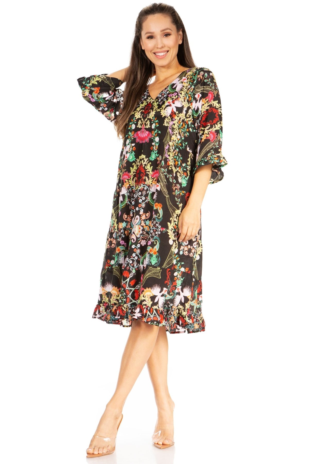 Sakkas Ozana Women's Floral Midi Cocktail Dress, V-Neck, 3/4 Sleeve dresses La Vie Bien Sakkas Ozana Women's Floral Midi Cocktail Dress, V-Neck, 3/4 Sleeve