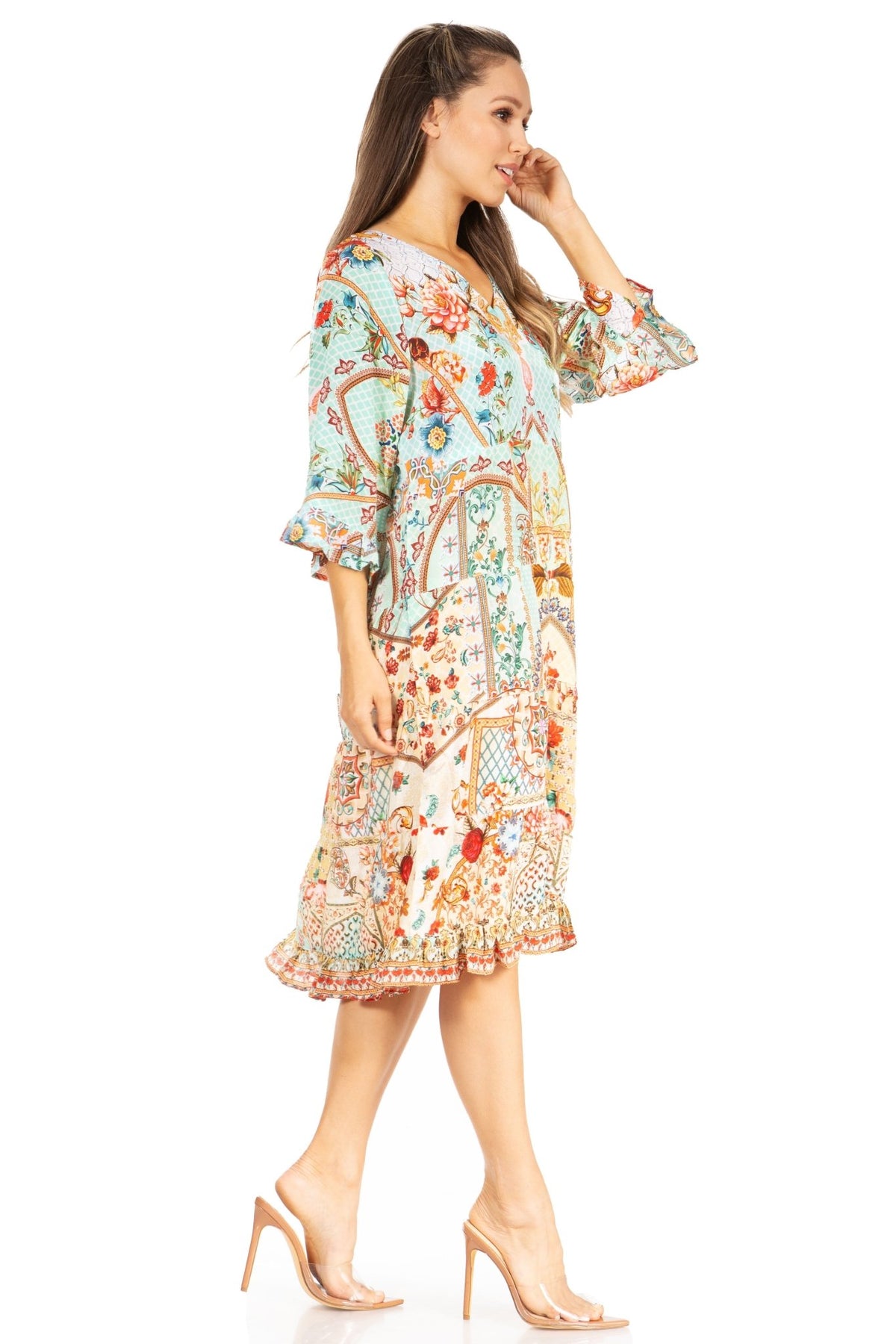 Sakkas Ozana Women's Floral Midi Cocktail Dress, V-Neck, 3/4 Sleeve dresses La Vie Bien Sakkas Ozana Women's Floral Midi Cocktail Dress, V-Neck, 3/4 Sleeve