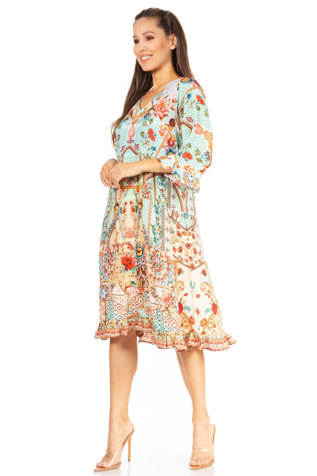 Sakkas Ozana Women's Floral Midi Cocktail Dress, V-Neck, 3/4 Sleeve dresses La Vie Bien Sakkas Ozana Women's Floral Midi Cocktail Dress, V-Neck, 3/4 Sleeve