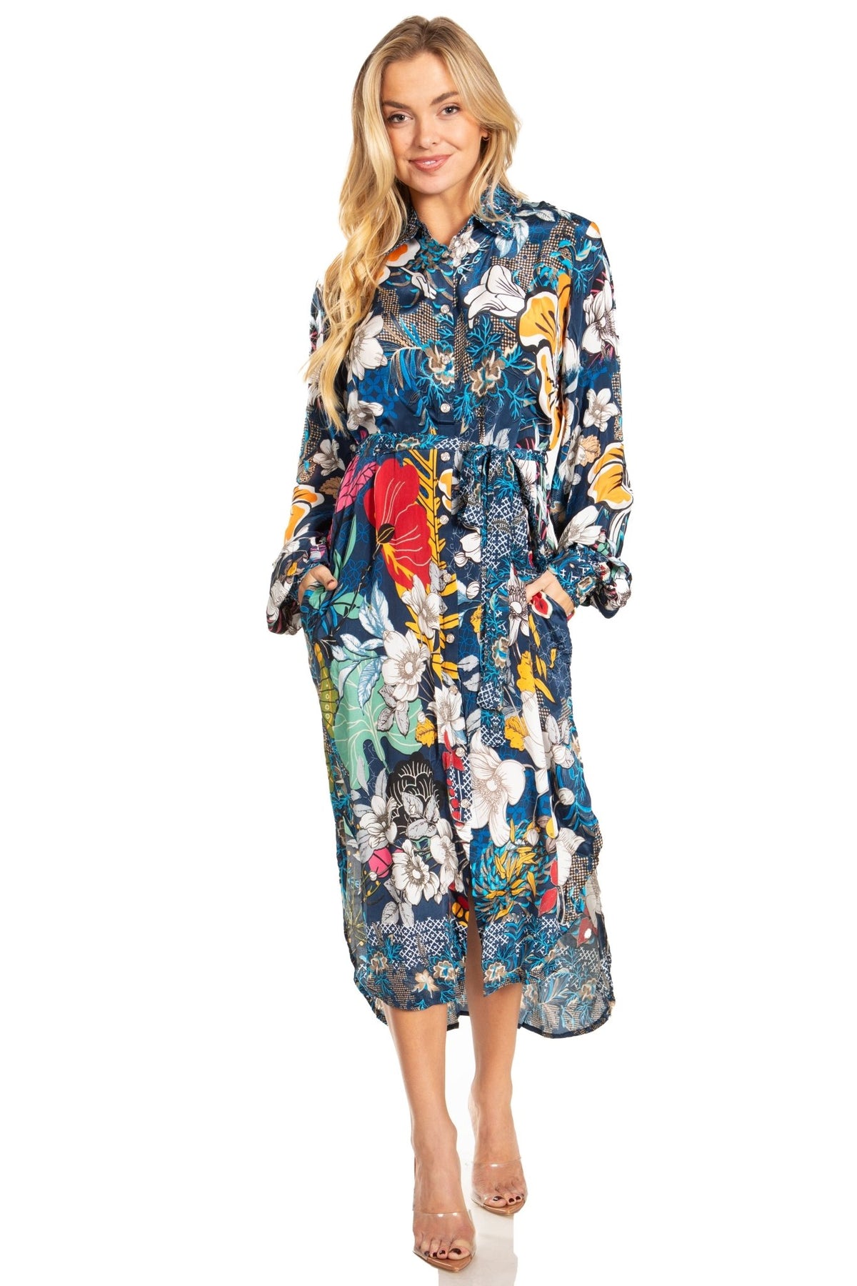 Sakkas Rina Women's Floral Print Maxi Dress with Long Sleeves and Flounce Shirt Design dresses La Vie Bien Sakkas Rina Women's Floral Print Maxi Dress with Long Sleeves and Flounce Shirt Design