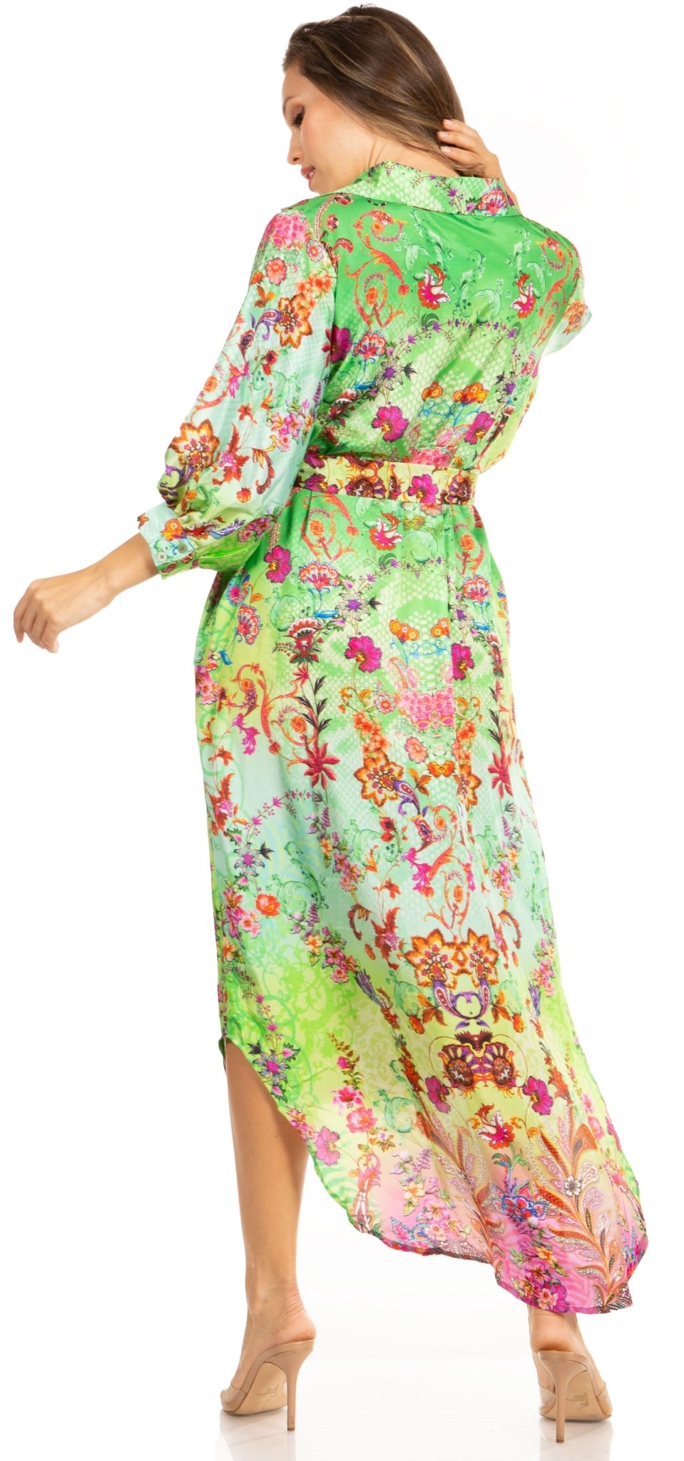 Sakkas Rina Women's Floral Print Maxi Dress with Long Sleeves and Flounce Shirt Design dresses La Vie Bien Sakkas Rina Women's Floral Print Maxi Dress with Long Sleeves and Flounce Shirt Design