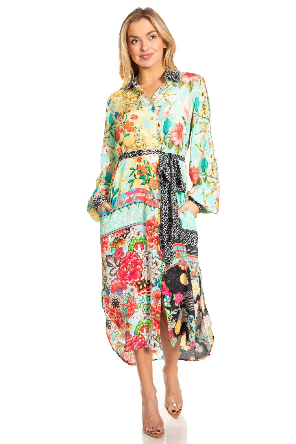 Sakkas Rina Women's Floral Print Maxi Dress with Long Sleeves and Flounce Shirt Design dresses La Vie Bien Sakkas Rina Women's Floral Print Maxi Dress with Long Sleeves and Flounce Shirt Design