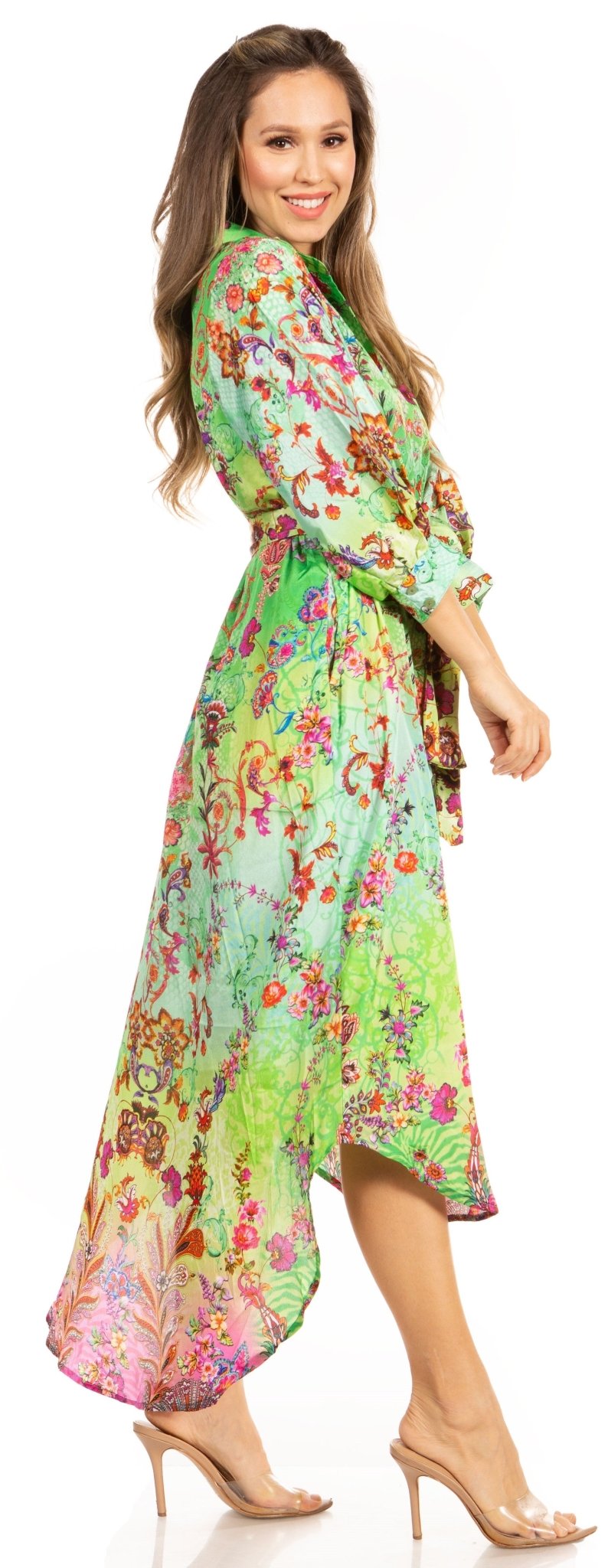 Sakkas Rina Women's Floral Print Maxi Dress with Long Sleeves and Flounce Shirt Design dresses La Vie Bien Sakkas Rina Women's Floral Print Maxi Dress with Long Sleeves and Flounce Shirt Design