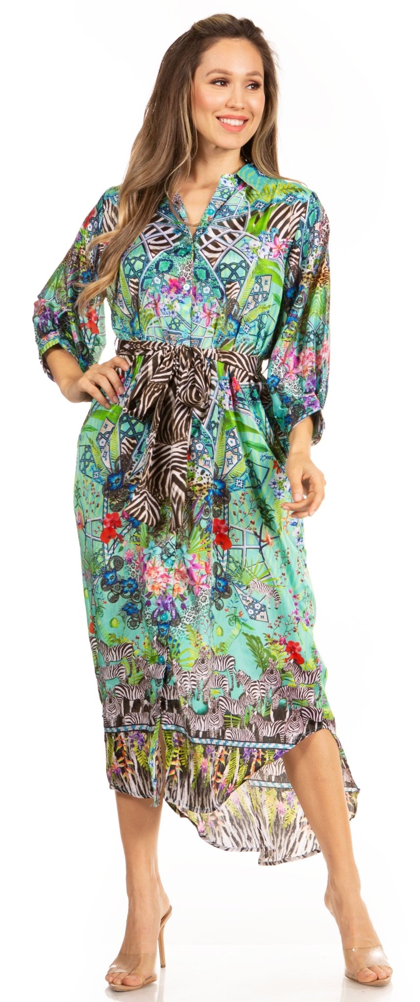 Sakkas Rina Women's Floral Print Maxi Dress with Long Sleeves and Flounce Shirt Design dresses La Vie Bien Sakkas Rina Women's Floral Print Maxi Dress with Long Sleeves and Flounce Shirt Design