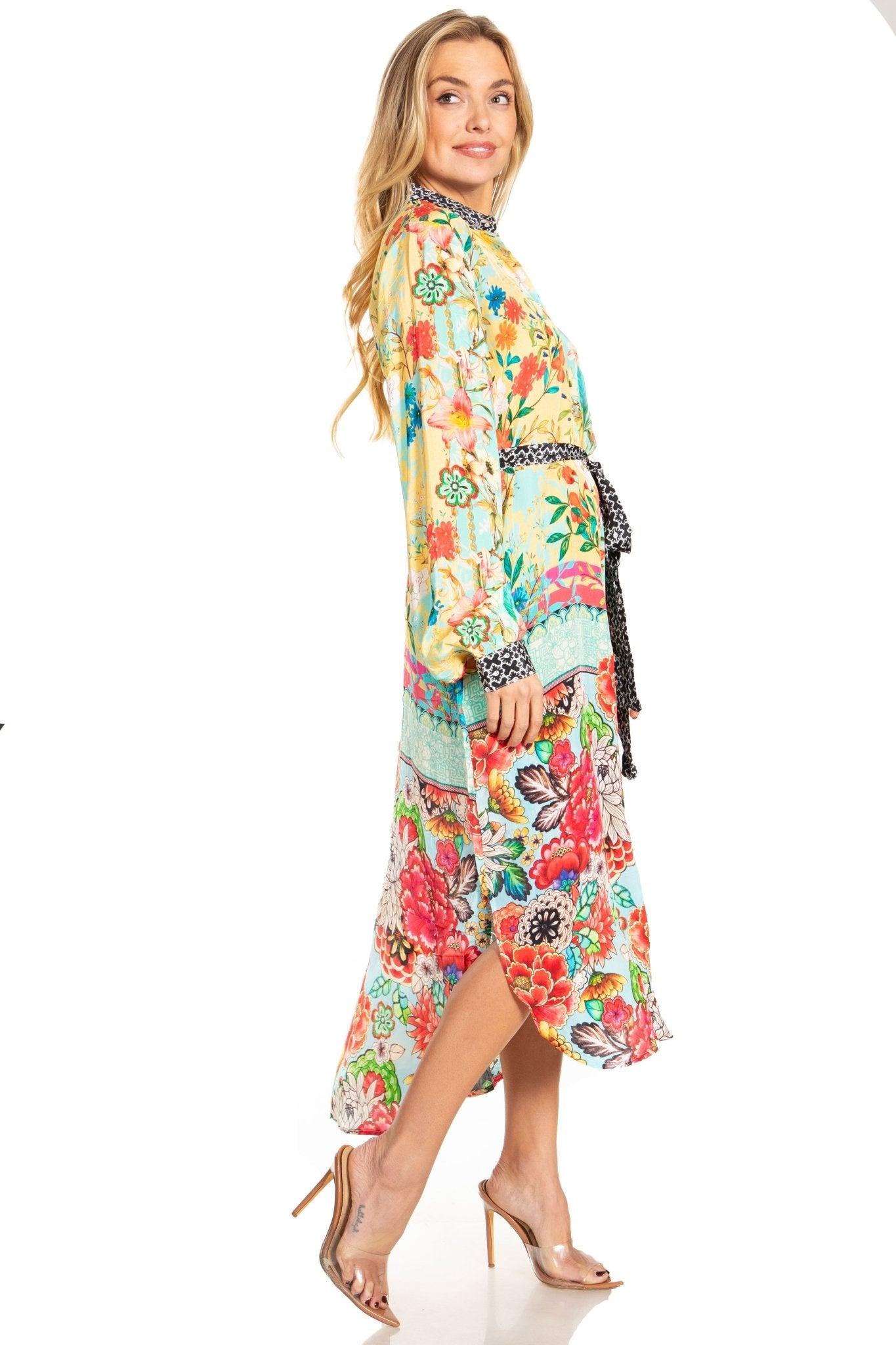 Sakkas Rina Women's Floral Print Maxi Dress with Long Sleeves and Flounce Shirt Design dresses La Vie Bien Sakkas Rina Women's Floral Print Maxi Dress with Long Sleeves and Flounce Shirt Design