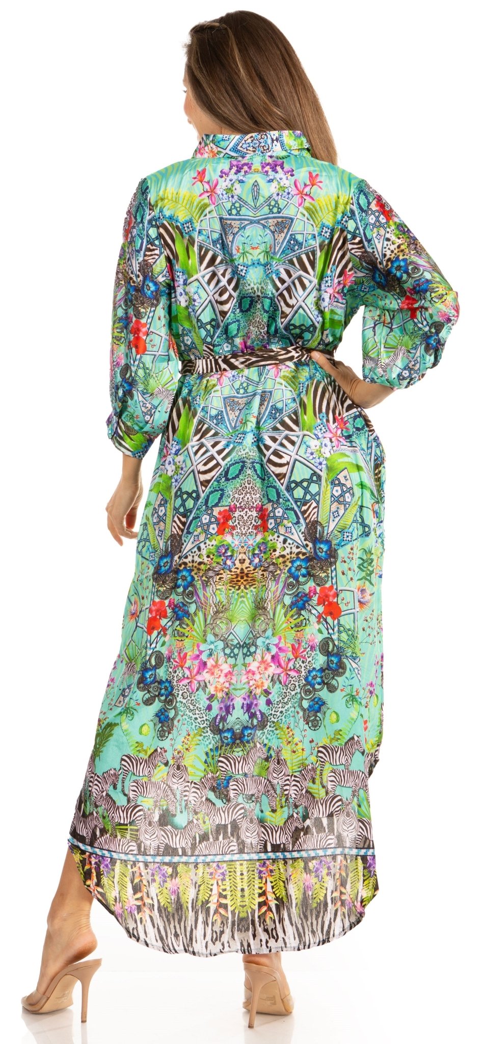 Sakkas Rina Women's Floral Print Maxi Dress with Long Sleeves and Flounce Shirt Design dresses La Vie Bien Sakkas Rina Women's Floral Print Maxi Dress with Long Sleeves and Flounce Shirt Design