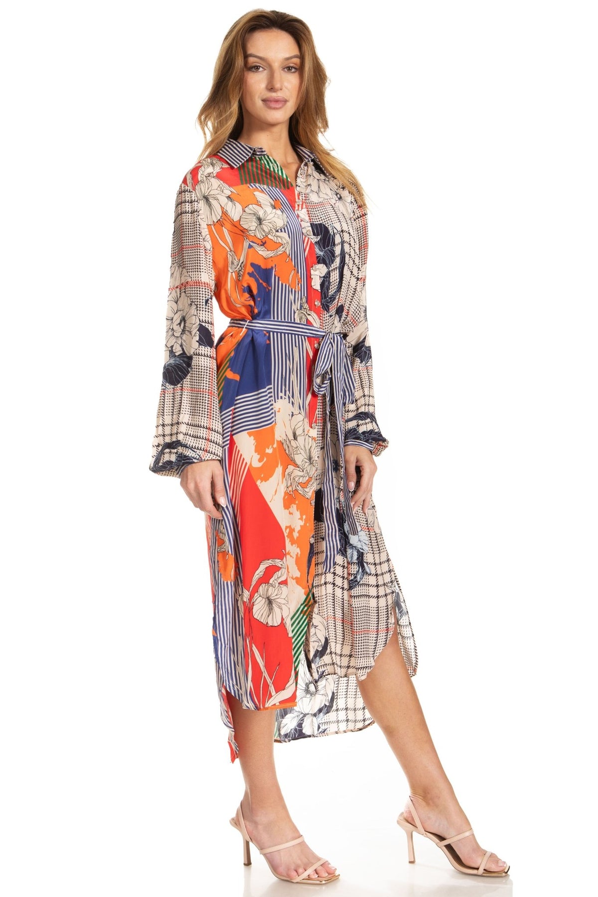 Sakkas Rina Women's Floral Print Maxi Dress with Long Sleeves and Flounce Shirt Design dresses La Vie Bien Sakkas Rina Women's Floral Print Maxi Dress with Long Sleeves and Flounce Shirt Design