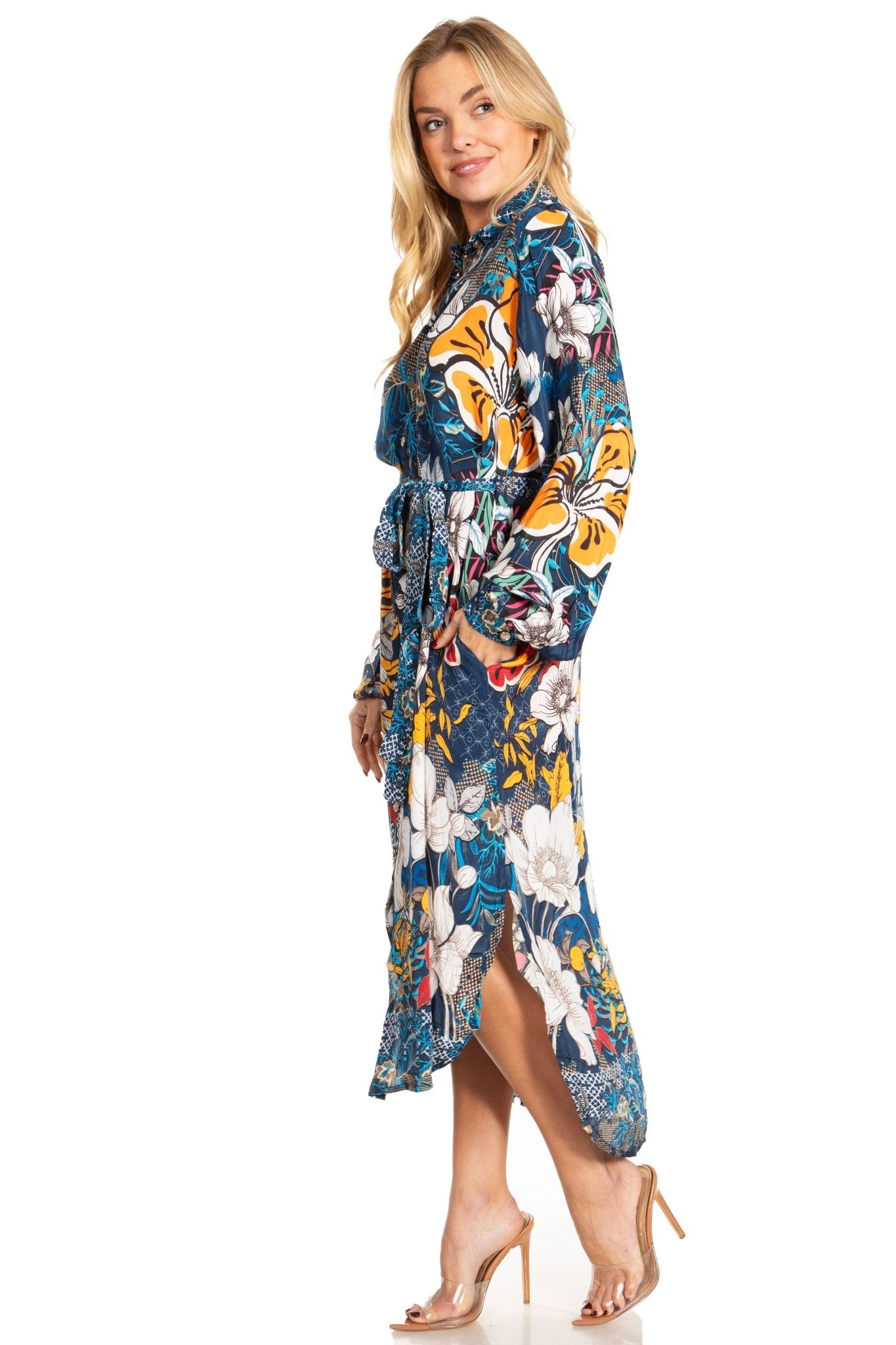 Sakkas Rina Women's Floral Print Maxi Dress with Long Sleeves and Flounce Shirt Design dresses La Vie Bien Sakkas Rina Women's Floral Print Maxi Dress with Long Sleeves and Flounce Shirt Design