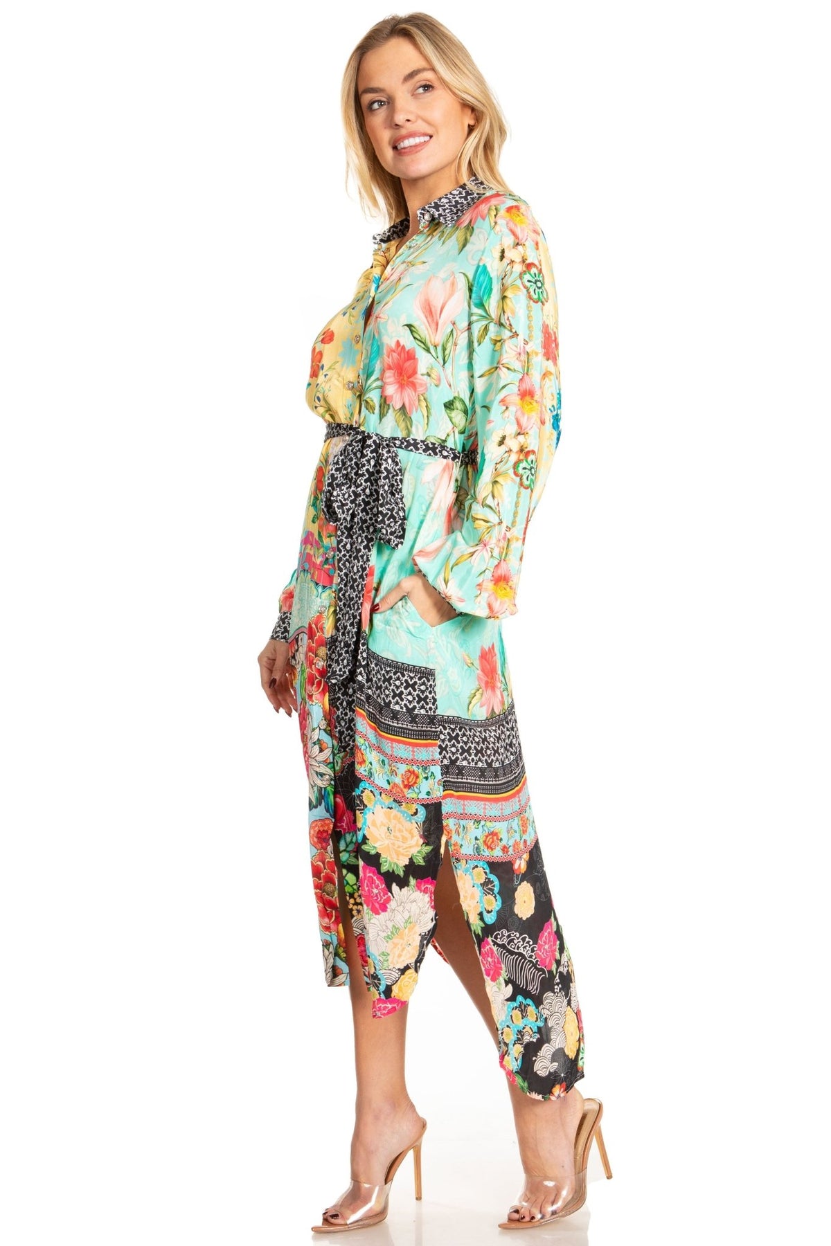Sakkas Rina Women's Floral Print Maxi Dress with Long Sleeves and Flounce Shirt Design dresses La Vie Bien Sakkas Rina Women's Floral Print Maxi Dress with Long Sleeves and Flounce Shirt Design