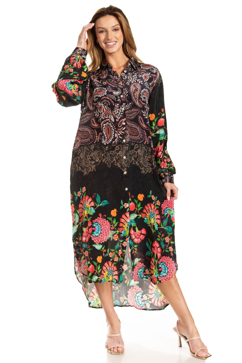 Sakkas Rina Women's Floral Print Maxi Dress with Long Sleeves and Flounce Shirt Design dresses La Vie Bien Sakkas Rina Women's Floral Print Maxi Dress with Long Sleeves and Flounce Shirt Design