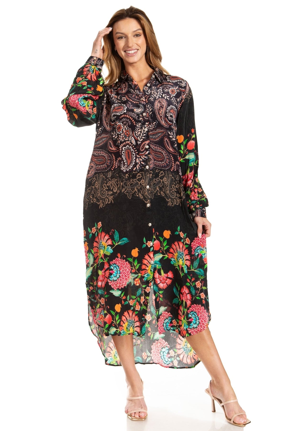 Sakkas Rina Women's Floral Print Maxi Dress with Long Sleeves and Flounce Shirt Design dresses La Vie Bien Sakkas Rina Women's Floral Print Maxi Dress with Long Sleeves and Flounce Shirt Design