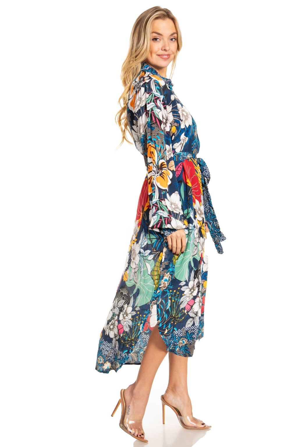 Sakkas Rina Women's Floral Print Maxi Dress with Long Sleeves and Flounce Shirt Design dresses La Vie Bien Sakkas Rina Women's Floral Print Maxi Dress with Long Sleeves and Flounce Shirt Design