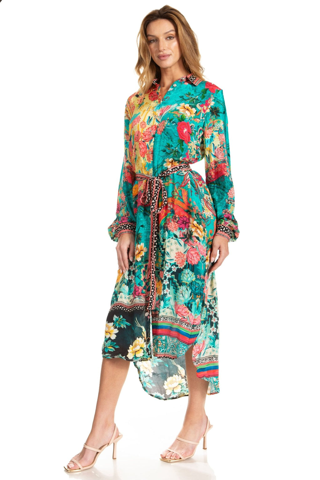 Sakkas Rina Women's Floral Print Maxi Dress with Long Sleeves and Flounce Shirt Design dresses La Vie Bien Sakkas Rina Women's Floral Print Maxi Dress with Long Sleeves and Flounce Shirt Design