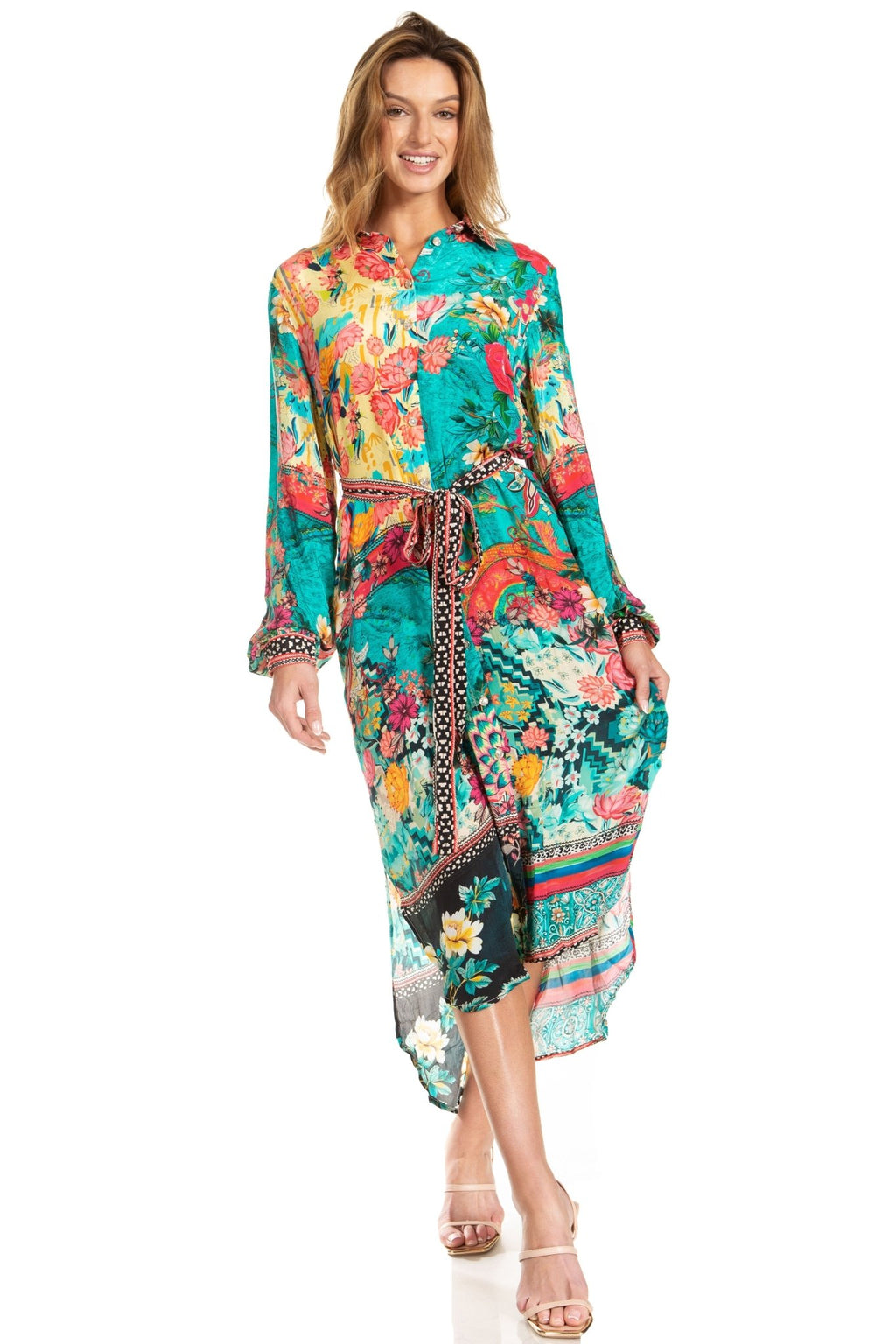 Sakkas Rina Women's Floral Print Maxi Dress with Long Sleeves and Flounce Shirt Design dresses La Vie Bien Sakkas Rina Women's Floral Print Maxi Dress with Long Sleeves and Flounce Shirt Design
