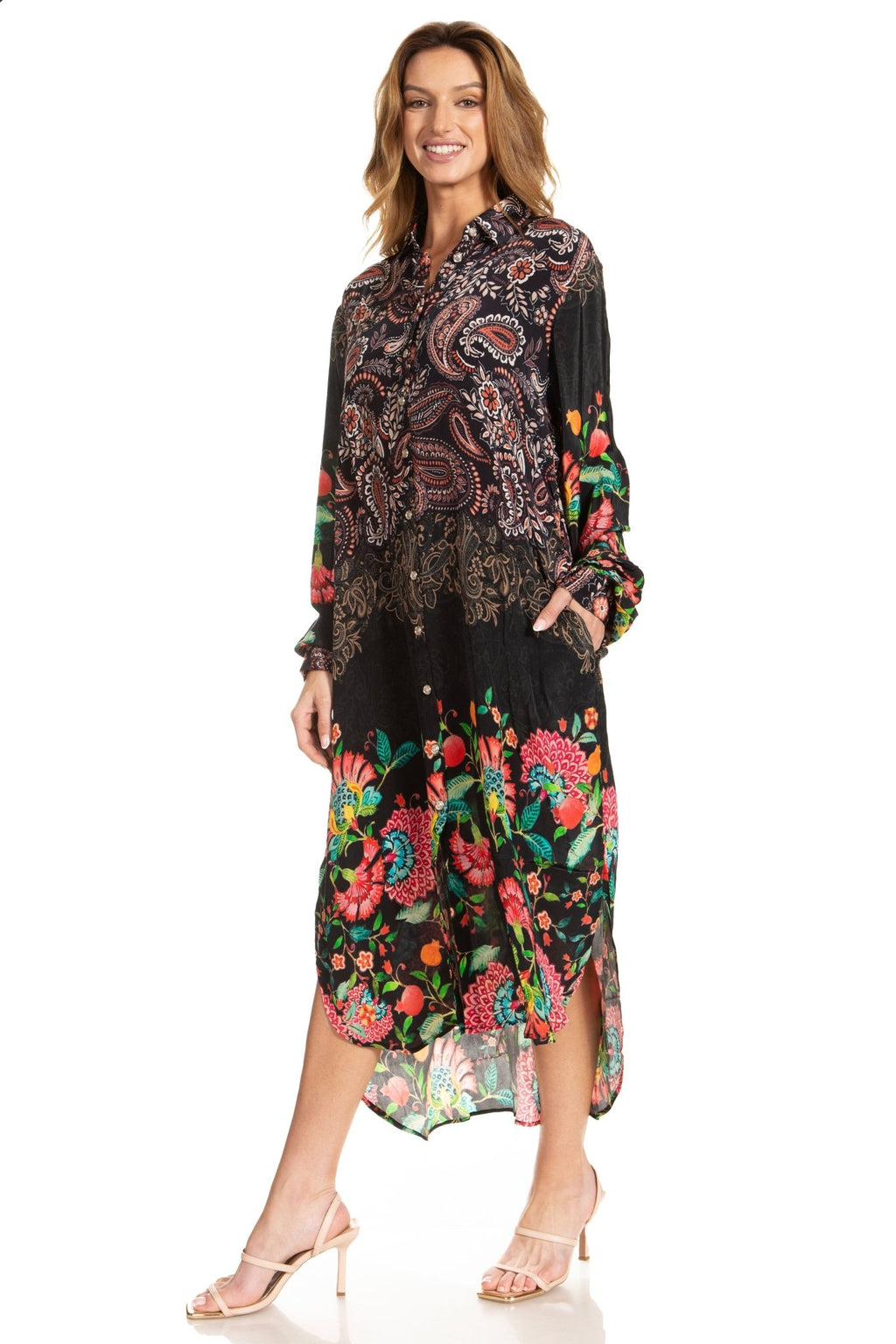 Sakkas Rina Women's Floral Print Maxi Dress with Long Sleeves and Flounce Shirt Design dresses La Vie Bien Sakkas Rina Women's Floral Print Maxi Dress with Long Sleeves and Flounce Shirt Design