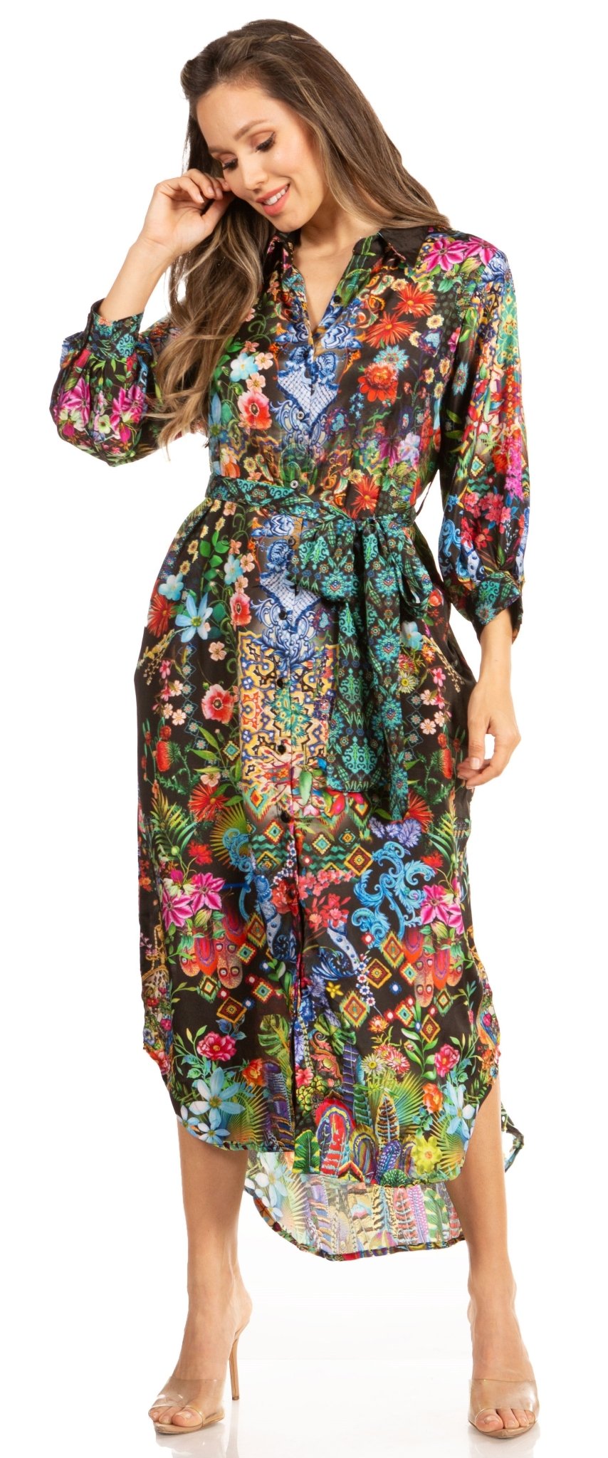 Sakkas Rina Women's Floral Print Maxi Dress with Long Sleeves and Flounce Shirt Design dresses La Vie Bien Sakkas Rina Women's Floral Print Maxi Dress with Long Sleeves and Flounce Shirt Design