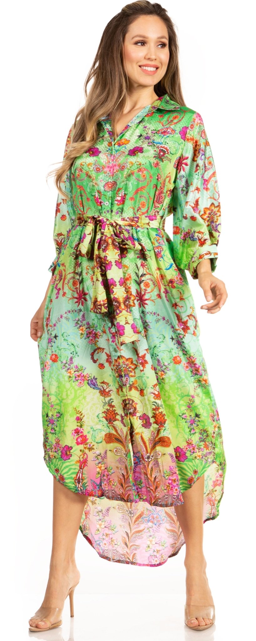 Sakkas Rina Women's Floral Print Maxi Dress with Long Sleeves and Flounce Shirt Design dresses La Vie Bien Sakkas Rina Women's Floral Print Maxi Dress with Long Sleeves and Flounce Shirt Design