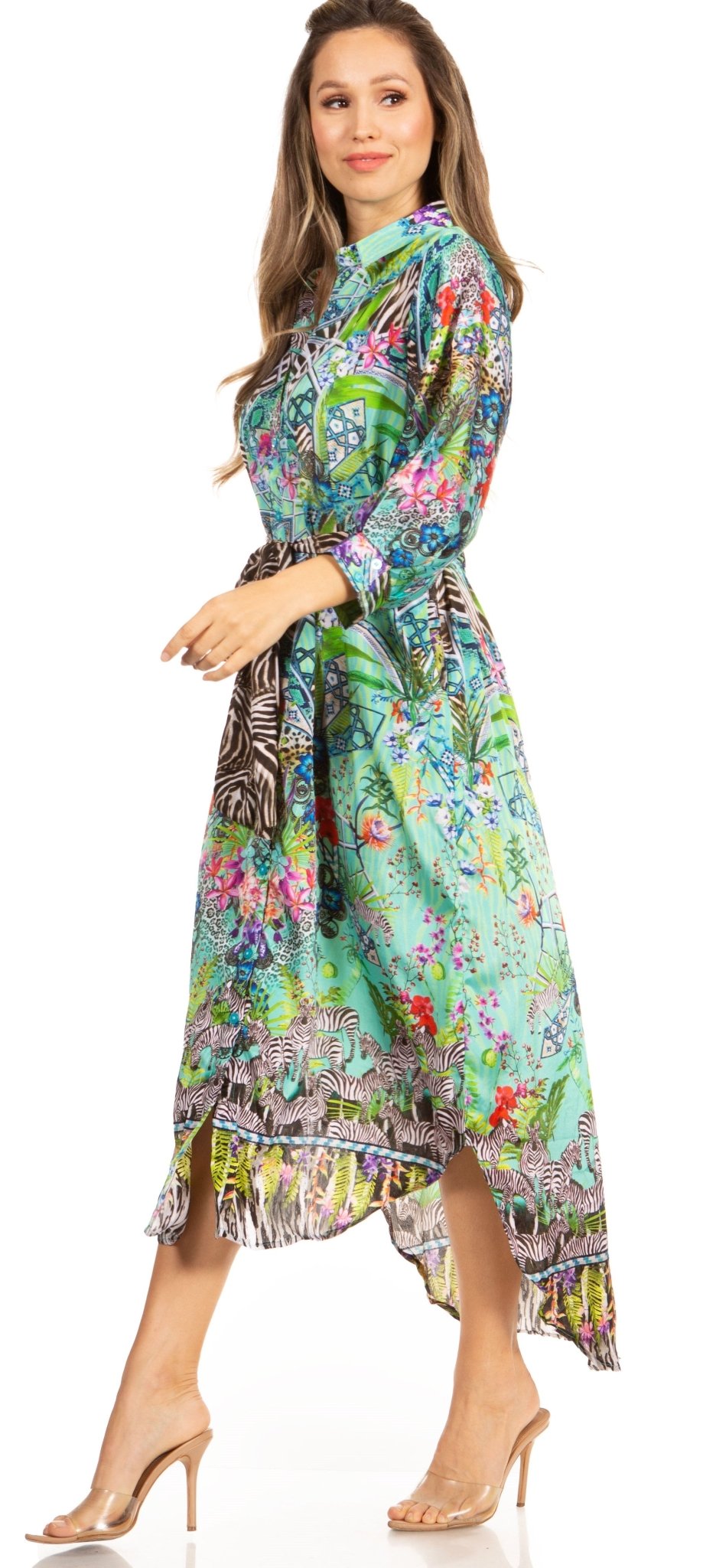 Sakkas Rina Women's Floral Print Maxi Dress with Long Sleeves and Flounce Shirt Design dresses La Vie Bien Sakkas Rina Women's Floral Print Maxi Dress with Long Sleeves and Flounce Shirt Design