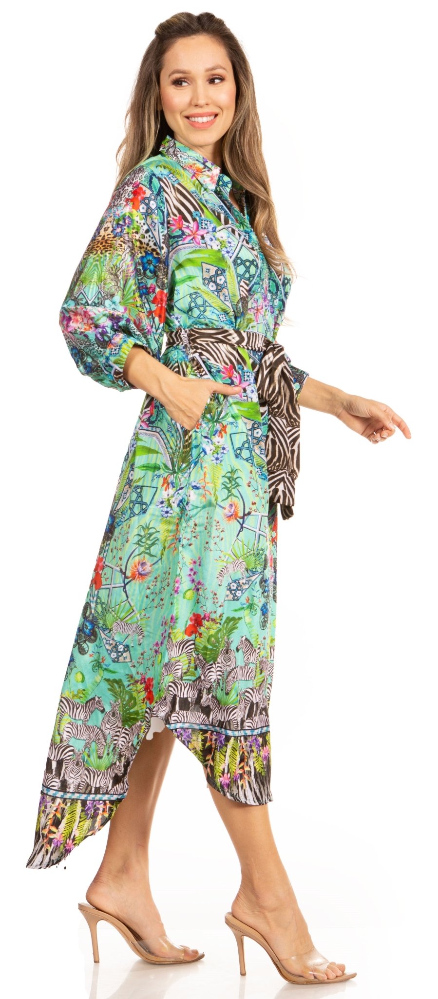 Sakkas Rina Women's Floral Print Maxi Dress with Long Sleeves and Flounce Shirt Design dresses La Vie Bien Sakkas Rina Women's Floral Print Maxi Dress with Long Sleeves and Flounce Shirt Design