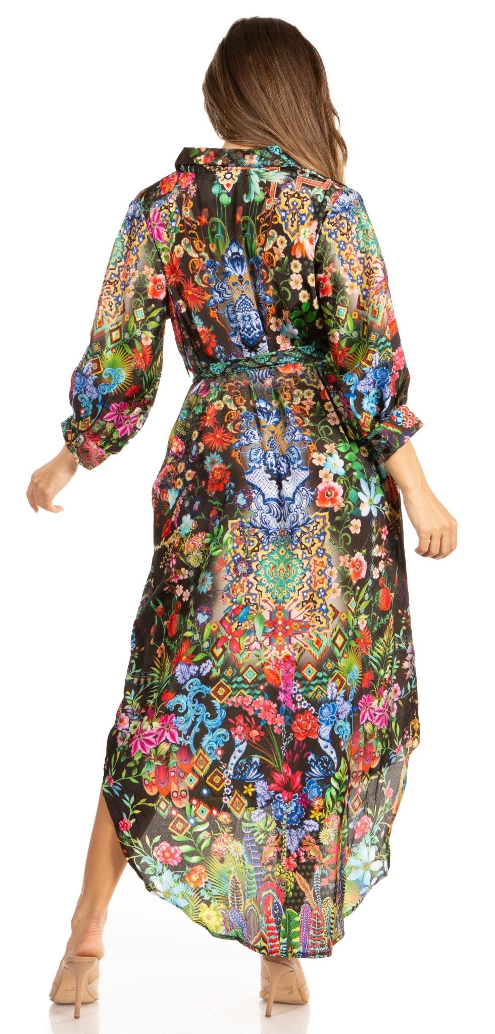 Sakkas Rina Women's Floral Print Maxi Dress with Long Sleeves and Flounce Shirt Design dresses La Vie Bien Sakkas Rina Women's Floral Print Maxi Dress with Long Sleeves and Flounce Shirt Design