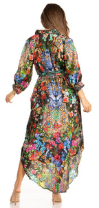 Sakkas Rina Women's Floral Print Maxi Dress with Long Sleeves and Flounce Shirt Design dresses La Vie Bien Sakkas Rina Women's Floral Print Maxi Dress with Long Sleeves and Flounce Shirt Design