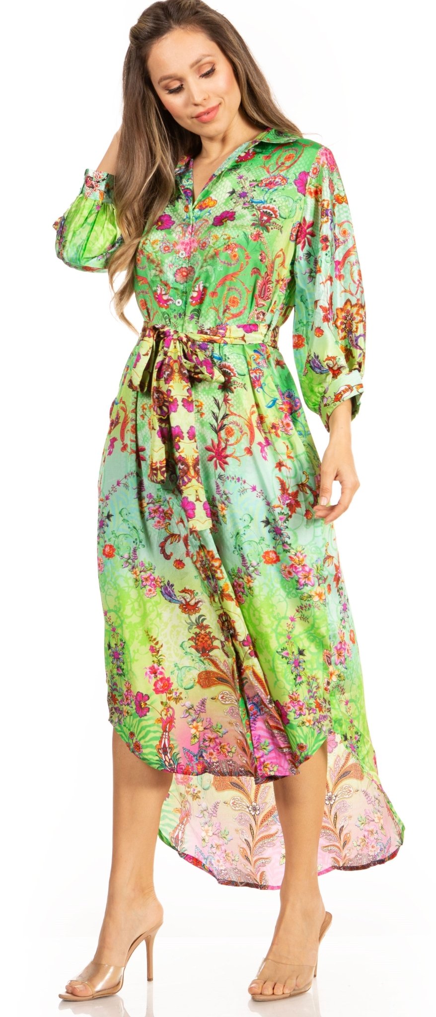 Sakkas Rina Women's Floral Print Maxi Dress with Long Sleeves and Flounce Shirt Design dresses La Vie Bien Sakkas Rina Women's Floral Print Maxi Dress with Long Sleeves and Flounce Shirt Design