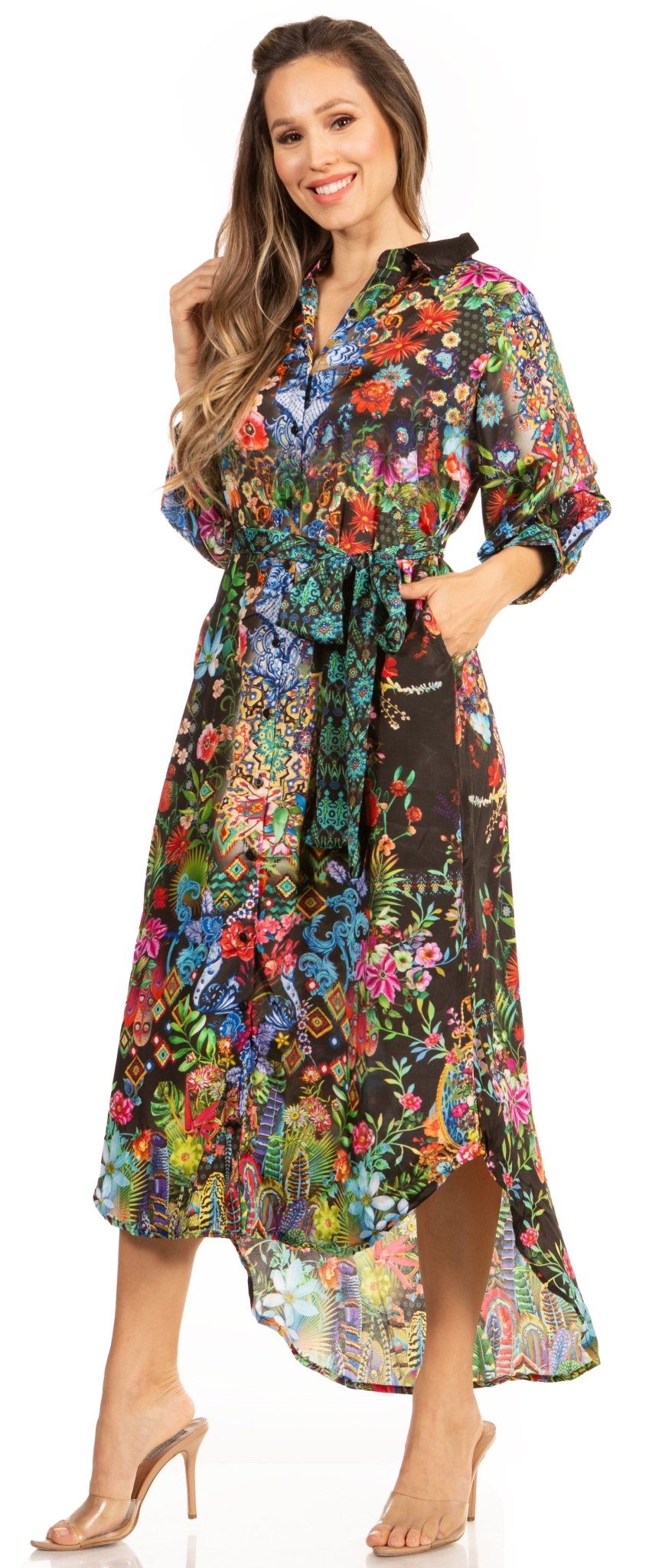 Sakkas Rina Women's Floral Print Maxi Dress with Long Sleeves and Flounce Shirt Design dresses La Vie Bien Sakkas Rina Women's Floral Print Maxi Dress with Long Sleeves and Flounce Shirt Design