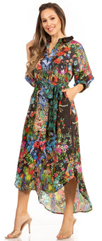 Sakkas Rina Women's Floral Print Maxi Dress with Long Sleeves and Flounce Shirt Design dresses La Vie Bien Sakkas Rina Women's Floral Print Maxi Dress with Long Sleeves and Flounce Shirt Design