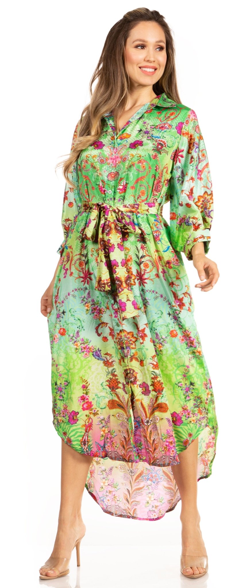 Sakkas Rina Women's Floral Print Maxi Dress with Long Sleeves and Flounce Shirt Design dresses La Vie Bien Sakkas Rina Women's Floral Print Maxi Dress with Long Sleeves and Flounce Shirt Design