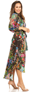 Sakkas Rina Women's Floral Print Maxi Dress with Long Sleeves and Flounce Shirt Design dresses La Vie Bien Sakkas Rina Women's Floral Print Maxi Dress with Long Sleeves and Flounce Shirt Design