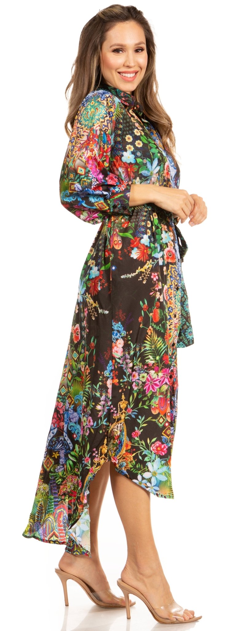 Sakkas Rina Women's Floral Print Maxi Dress with Long Sleeves and Flounce Shirt Design dresses La Vie Bien Sakkas Rina Women's Floral Print Maxi Dress with Long Sleeves and Flounce Shirt Design