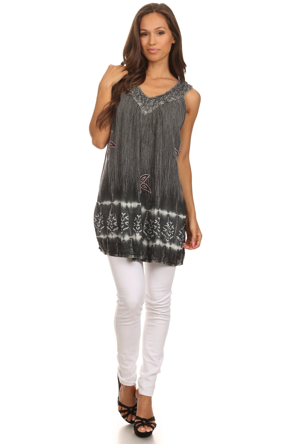 Sakkas Ruth Sequin Embroidered Batik Relaxed Fit Sleeveless V-Neck Top tops La Vie Bien Sakkas Ruth Sequin Embroidered Batik Relaxed Fit Sleeveless V-Neck Top