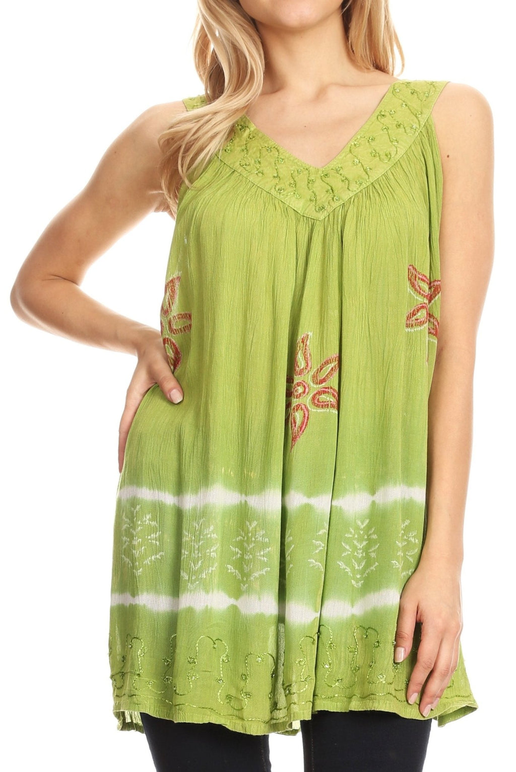 Sakkas Ruth Sequin Embroidered Batik Relaxed Fit Sleeveless V-Neck Top tops La Vie Bien Sakkas Ruth Sequin Embroidered Batik Relaxed Fit Sleeveless V-Neck Top