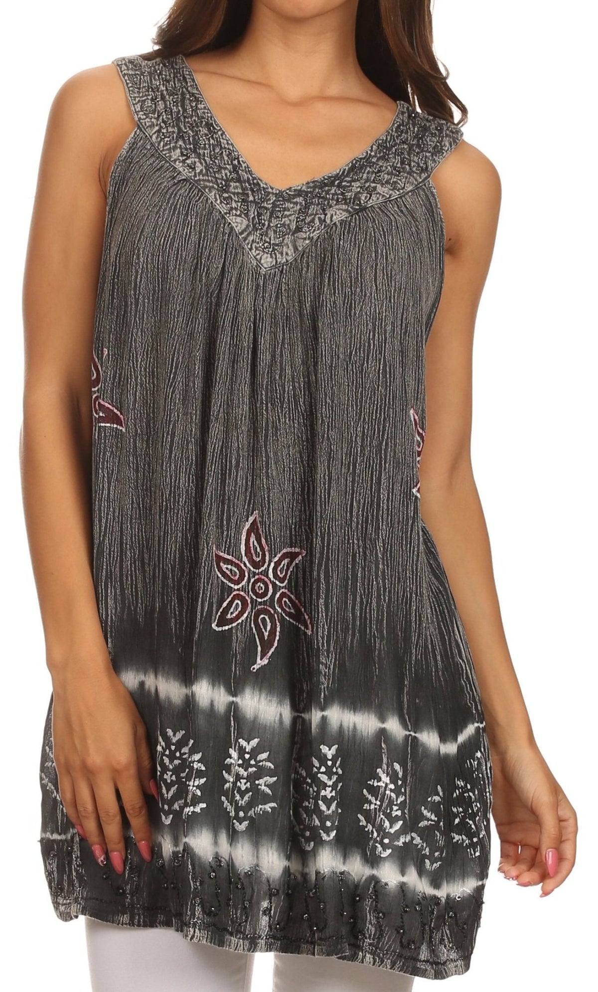 Sakkas Ruth Sequin Embroidered Batik Relaxed Fit Sleeveless V-Neck Top tops La Vie Bien Sakkas Ruth Sequin Embroidered Batik Relaxed Fit Sleeveless V-Neck Top
