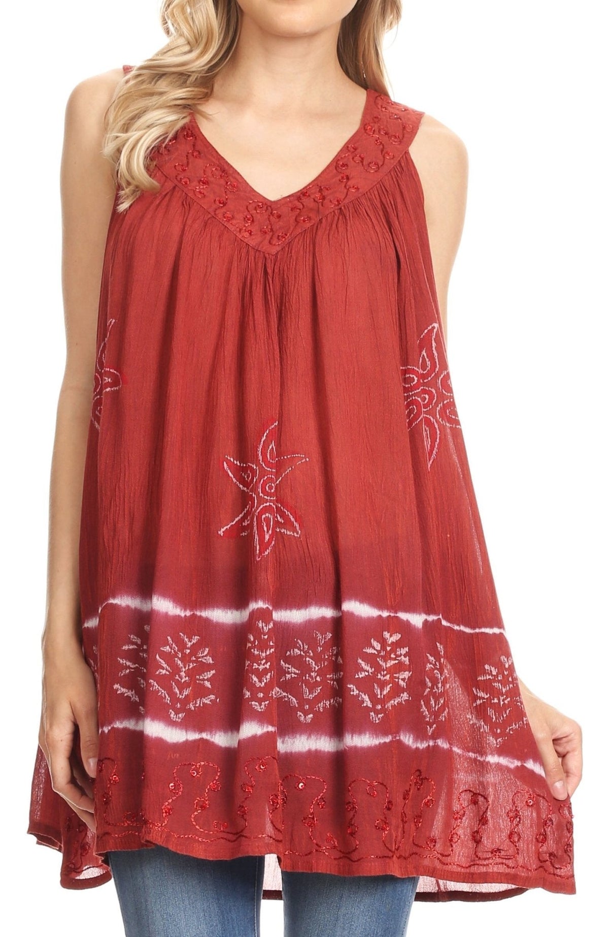 Sakkas Ruth Sequin Embroidered Batik Relaxed Fit Sleeveless V-Neck Top tops La Vie Bien Sakkas Ruth Sequin Embroidered Batik Relaxed Fit Sleeveless V-Neck Top