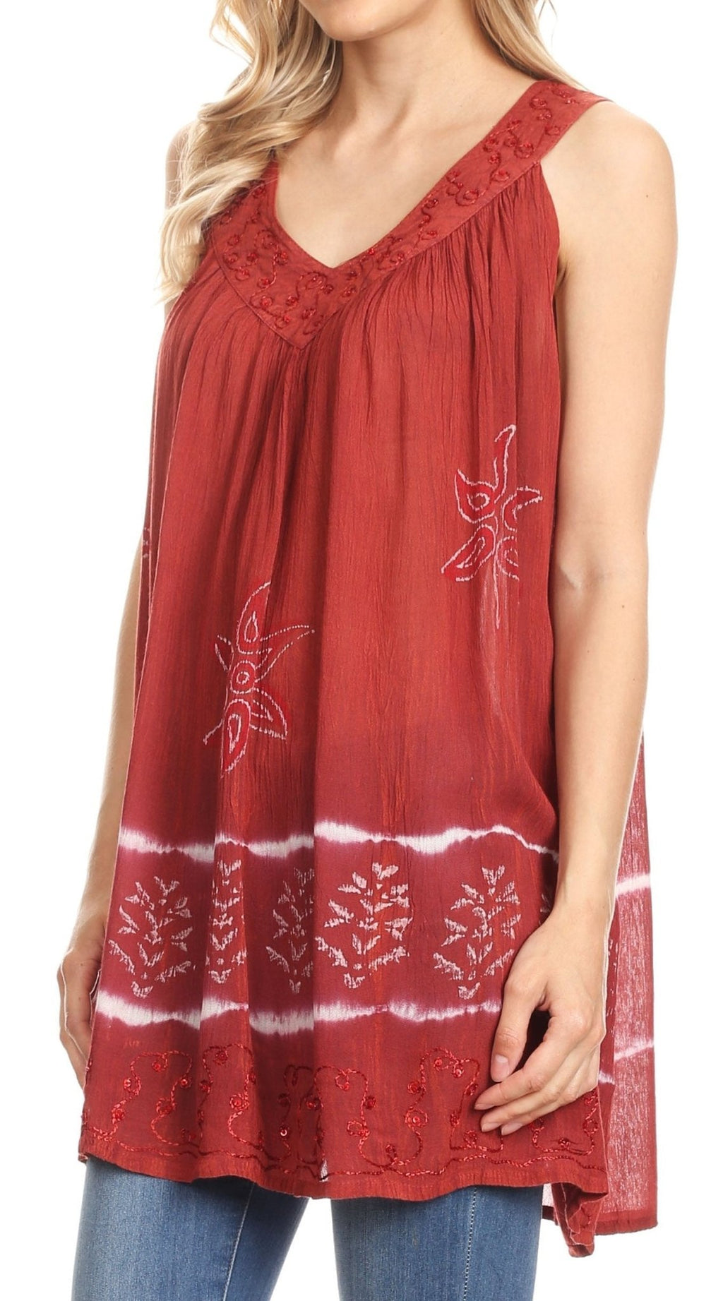 Sakkas Ruth Sequin Embroidered Batik Relaxed Fit Sleeveless V-Neck Top tops La Vie Bien Sakkas Ruth Sequin Embroidered Batik Relaxed Fit Sleeveless V-Neck Top