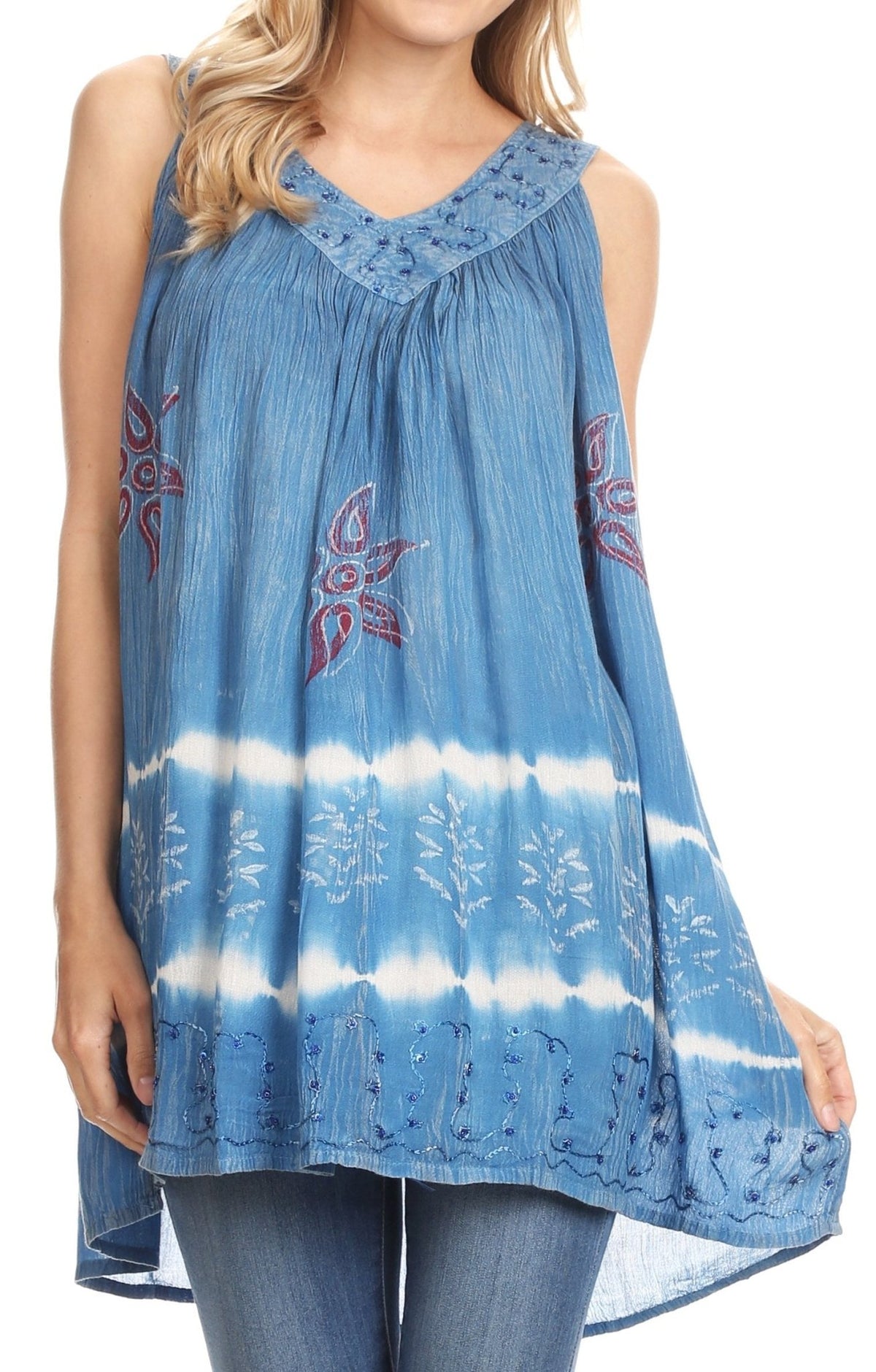 Sakkas Ruth Sequin Embroidered Batik Relaxed Fit Sleeveless V-Neck Top tops La Vie Bien Sakkas Ruth Sequin Embroidered Batik Relaxed Fit Sleeveless V-Neck Top