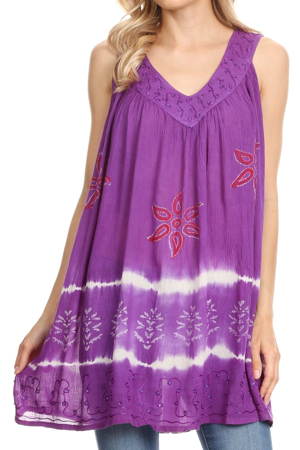 Sakkas Ruth Sequin Embroidered Batik Relaxed Fit Sleeveless V-Neck Top tops La Vie Bien Sakkas Ruth Sequin Embroidered Batik Relaxed Fit Sleeveless V-Neck Top