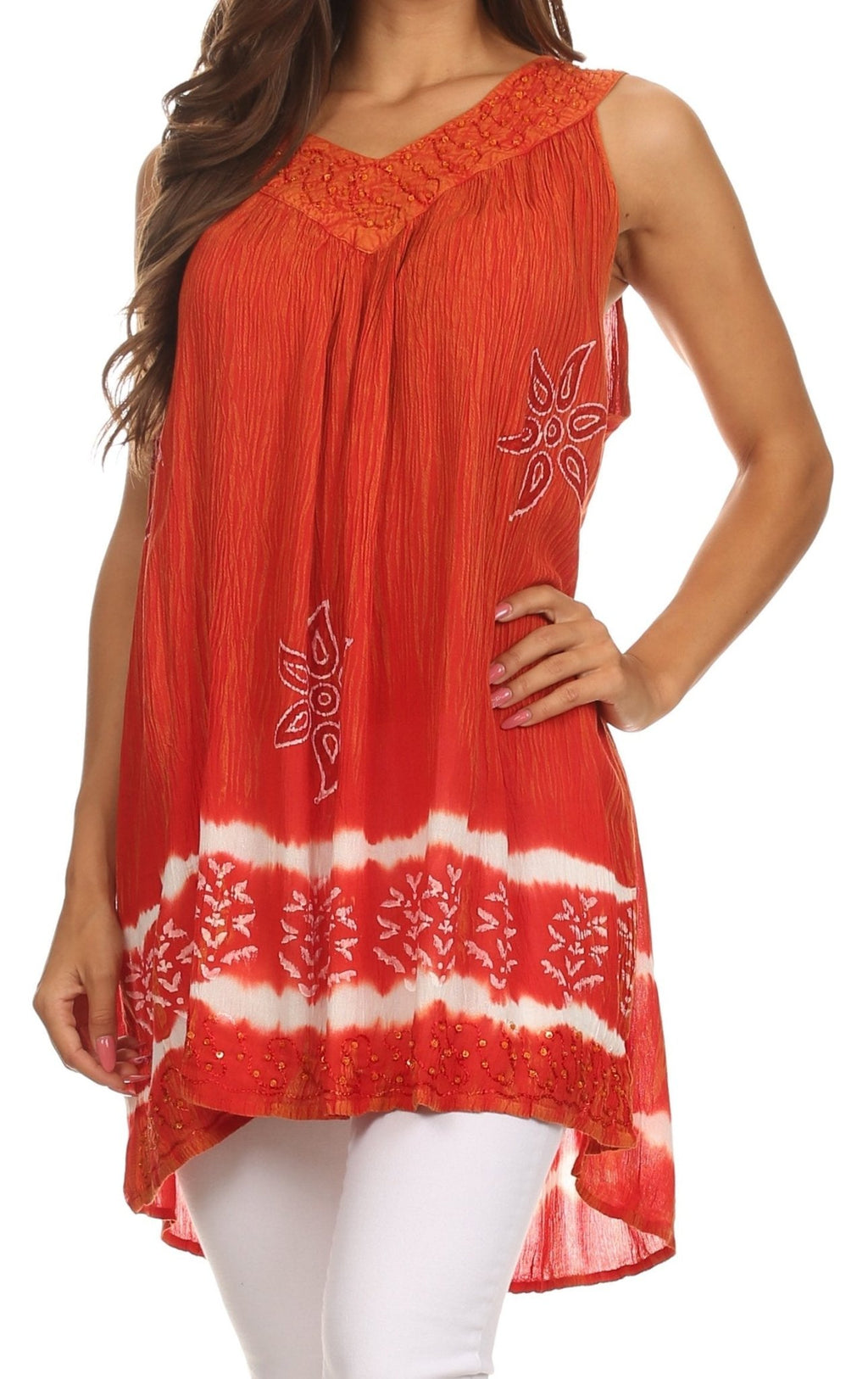 Sakkas Ruth Sequin Embroidered Batik Relaxed Fit Sleeveless V-Neck Top tops La Vie Bien Sakkas Ruth Sequin Embroidered Batik Relaxed Fit Sleeveless V-Neck Top