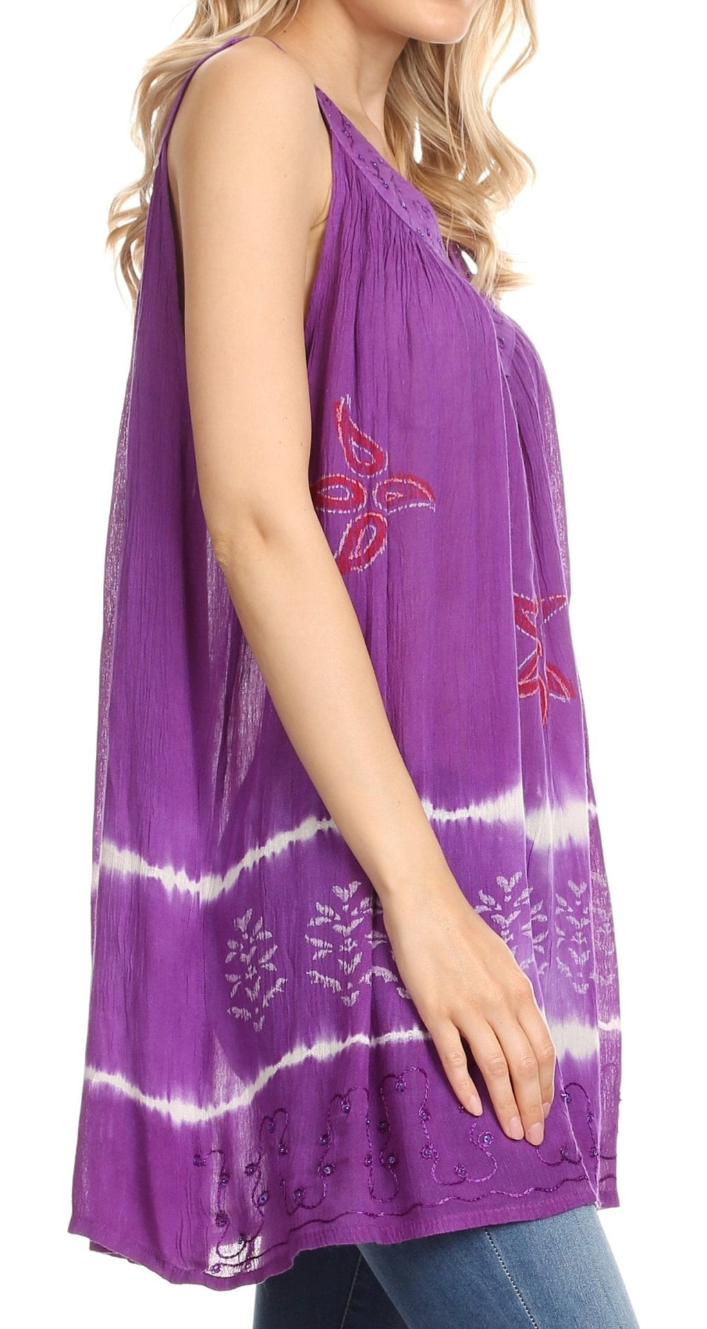 Sakkas Ruth Sequin Embroidered Batik Relaxed Fit Sleeveless V-Neck Top tops La Vie Bien Sakkas Ruth Sequin Embroidered Batik Relaxed Fit Sleeveless V-Neck Top