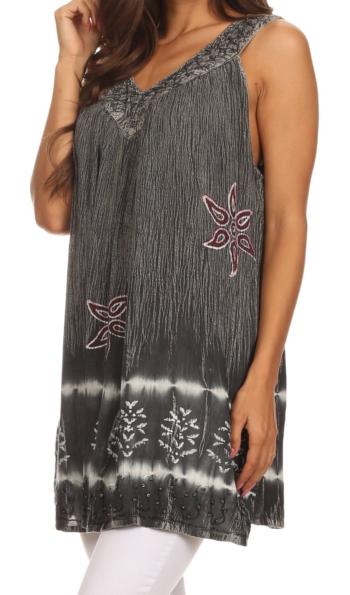 Sakkas Ruth Sequin Embroidered Batik Relaxed Fit Sleeveless V-Neck Top tops La Vie Bien Sakkas Ruth Sequin Embroidered Batik Relaxed Fit Sleeveless V-Neck Top