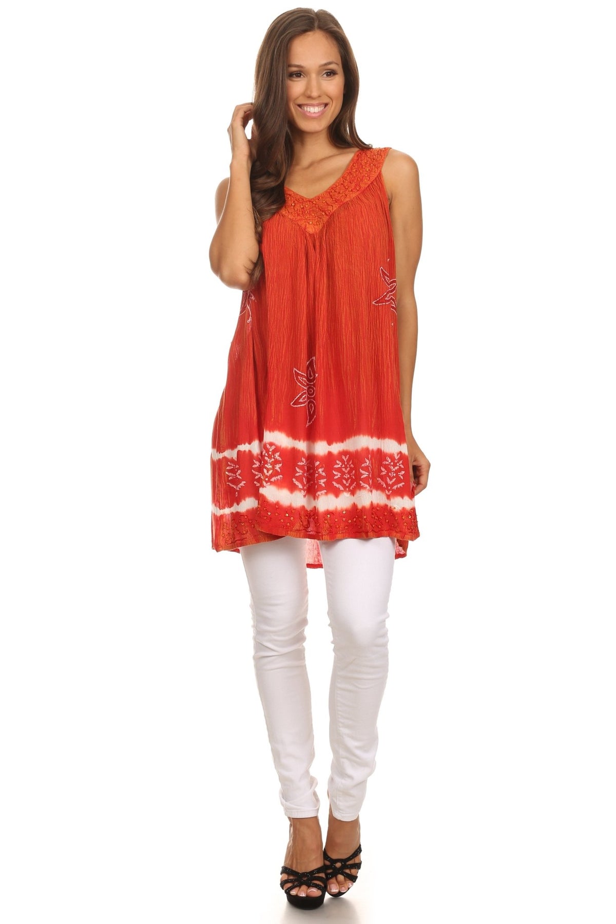 Sakkas Ruth Sequin Embroidered Batik Relaxed Fit Sleeveless V-Neck Top tops La Vie Bien Sakkas Ruth Sequin Embroidered Batik Relaxed Fit Sleeveless V-Neck Top