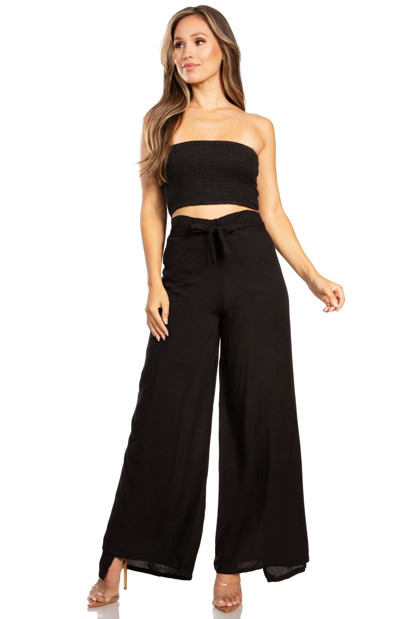 Sakkas Samantha Women's Bandeau Tube Top & Wide leg Gaucho Pants Set Palazzo Boho pants La Vie Bien Sakkas Samantha Women's Bandeau Tube Top & Wide leg Gaucho Pants Set Palazzo Boho
