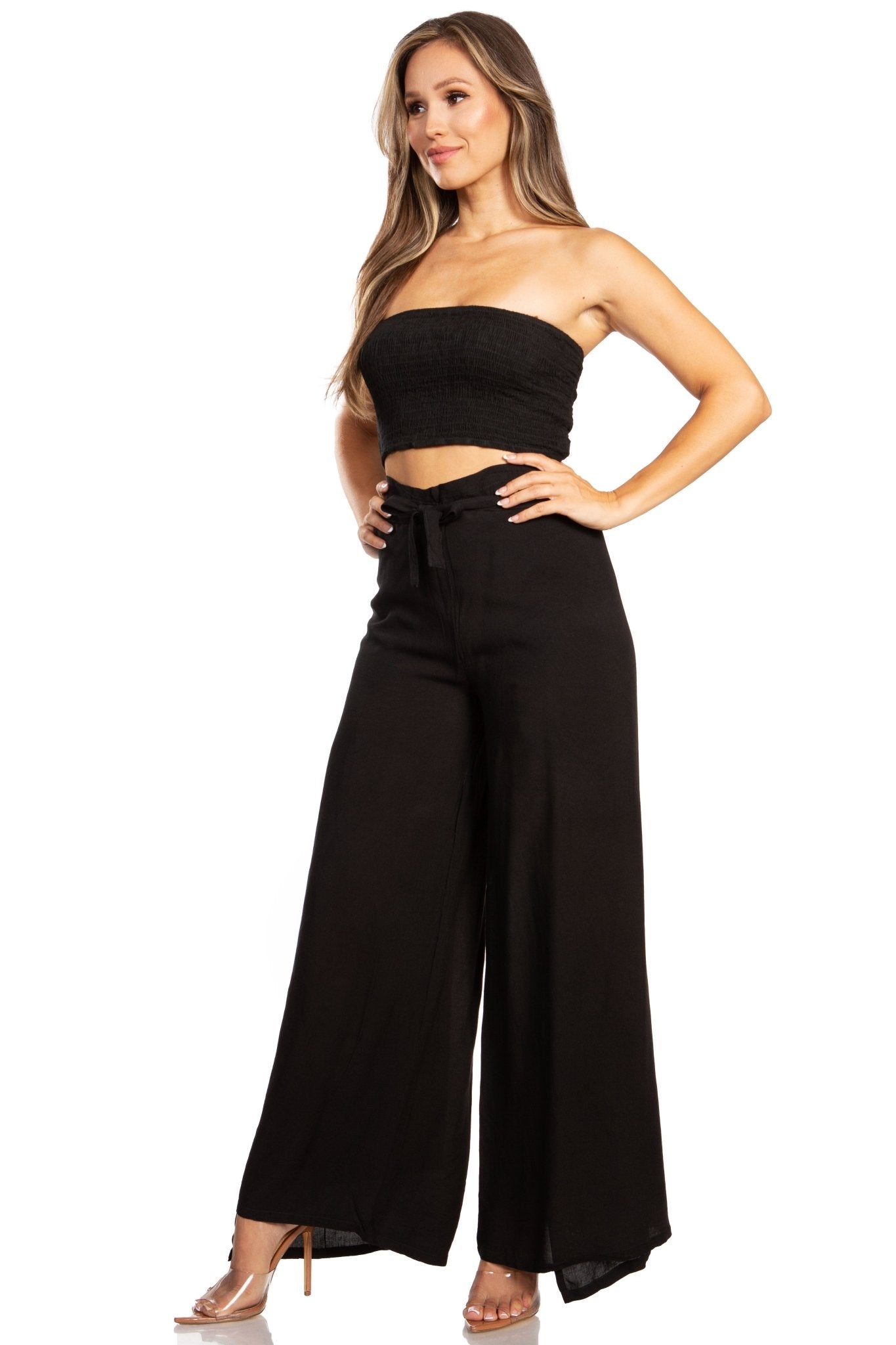Sakkas Samantha Women's Bandeau Tube Top & Wide leg Gaucho Pants Set Palazzo Boho pants La Vie Bien Sakkas Samantha Women's Bandeau Tube Top & Wide leg Gaucho Pants Set Palazzo Boho