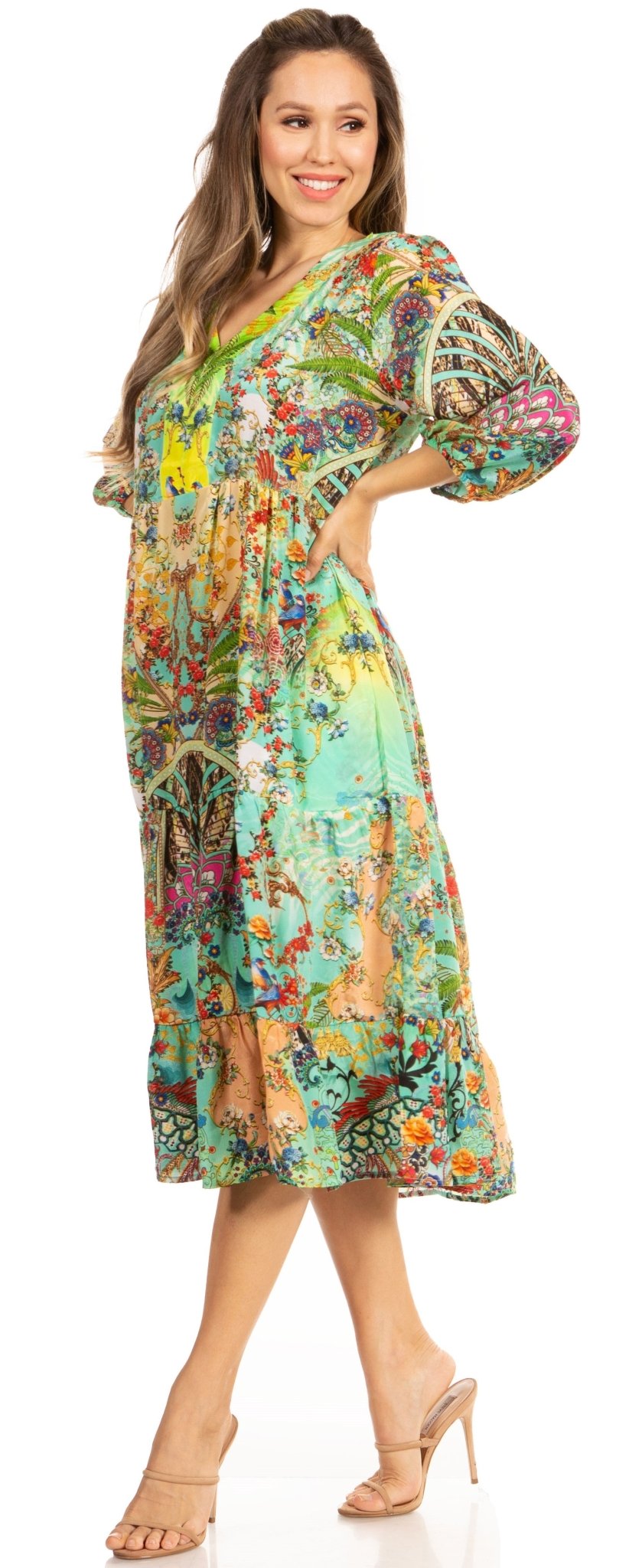 Sakkas Sole Women's Boho Floral Print V-Neck Midi Dress with Long Sleeves dresses La Vie Bien Sakkas Sole Women's Boho Floral Print V-Neck Midi Dress with Long Sleeves