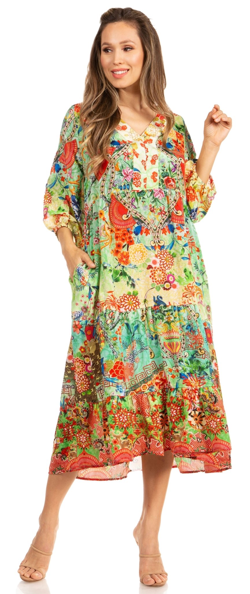Sakkas Sole Women's Boho Floral Print V-Neck Midi Dress with Long Sleeves dresses La Vie Bien Sakkas Sole Women's Boho Floral Print V-Neck Midi Dress with Long Sleeves