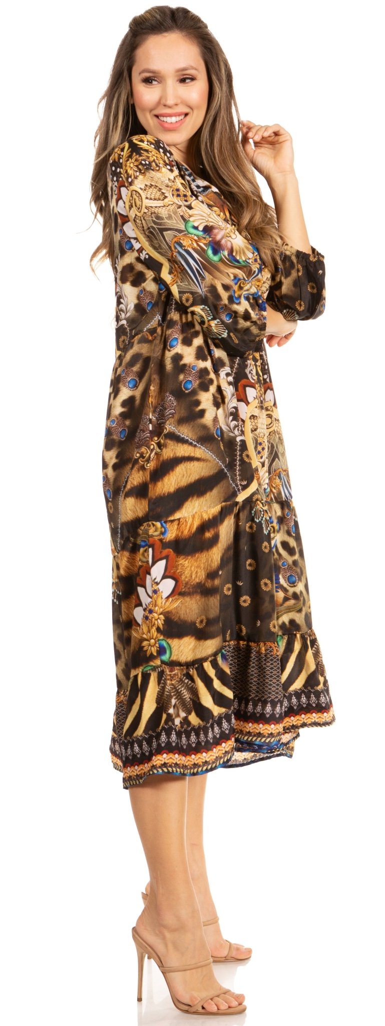Sakkas Sole Women's Boho Floral Print V-Neck Midi Dress with Long Sleeves dresses La Vie Bien Sakkas Sole Women's Boho Floral Print V-Neck Midi Dress with Long Sleeves