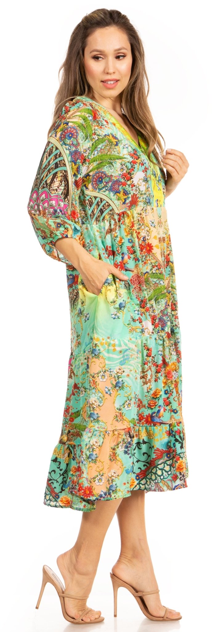Sakkas Sole Women's Boho Floral Print V-Neck Midi Dress with Long Sleeves dresses La Vie Bien Sakkas Sole Women's Boho Floral Print V-Neck Midi Dress with Long Sleeves